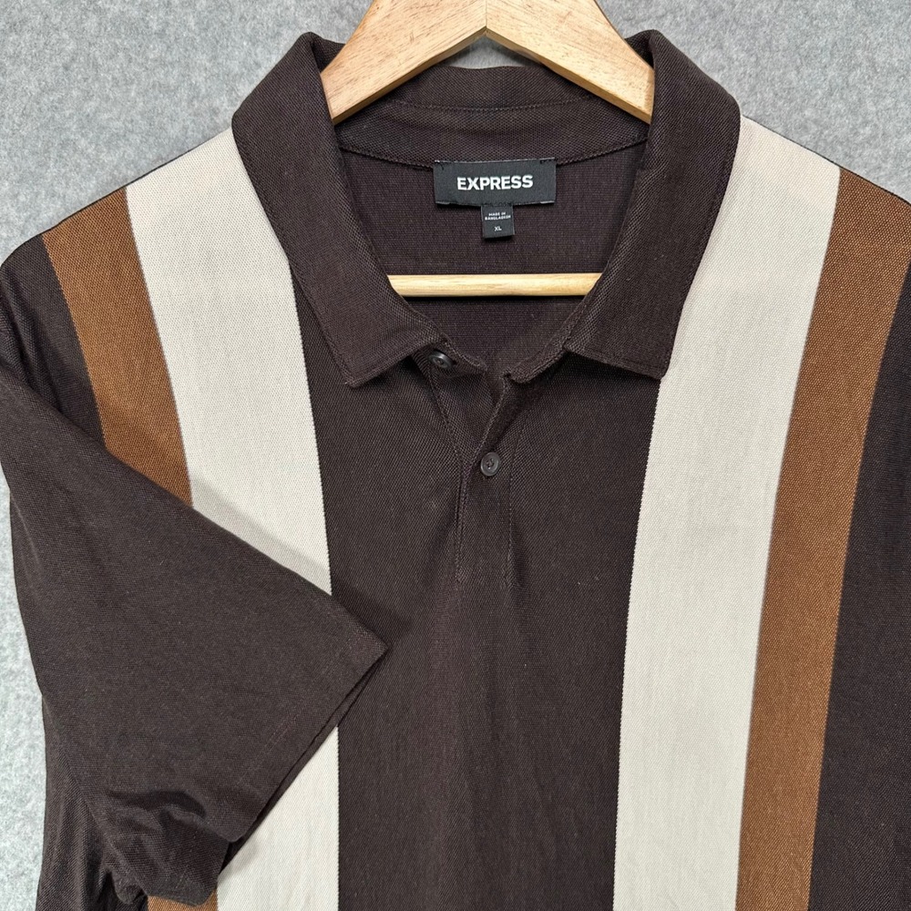 Express Mens XL Brown Vertical Stripe Short Sleeve Cotton Modal Polo Shirt